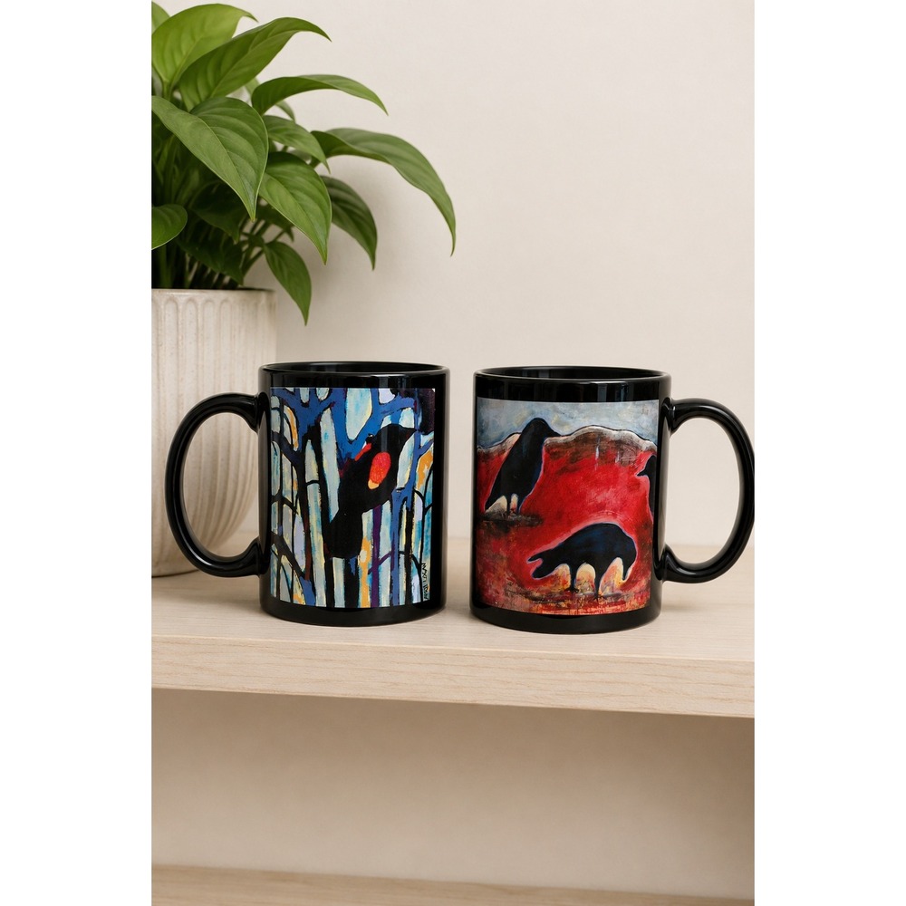 Original Art Black Crow Mug Set 2 Artisan Made 11oz Coffee Mugs Raven Folk Goth